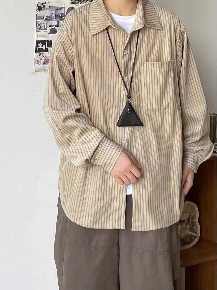 

Spring Season Japanese Retro Striped Corduroy irt Loose Casual Long Sve ex College Sle Trendy Outerwear Coat