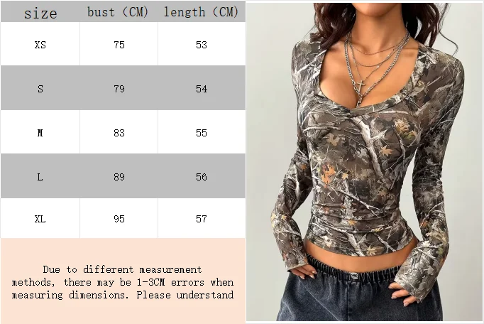 Y2K Street Top Tree Branch Pattern Full V-Ausschnitt T-Shirt für Damen – Detail 1