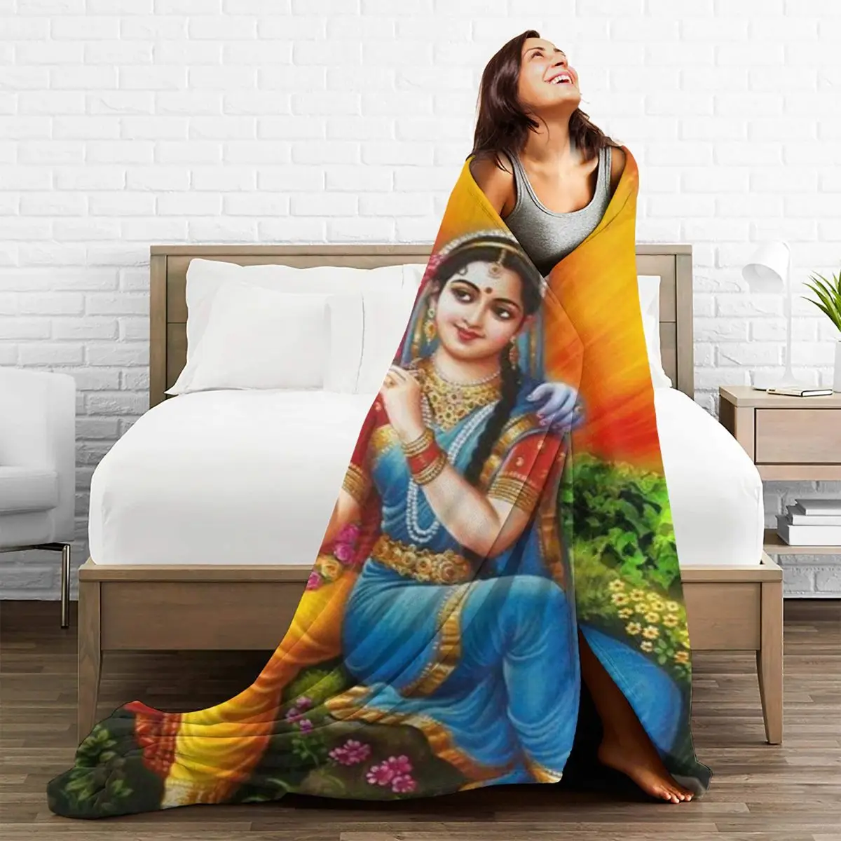 Indian God Krishna Radha Knitted Blanket Flannel Goddess of Love Hindu Warm Throw Blankets for Bedroom Sofa Bed Rug