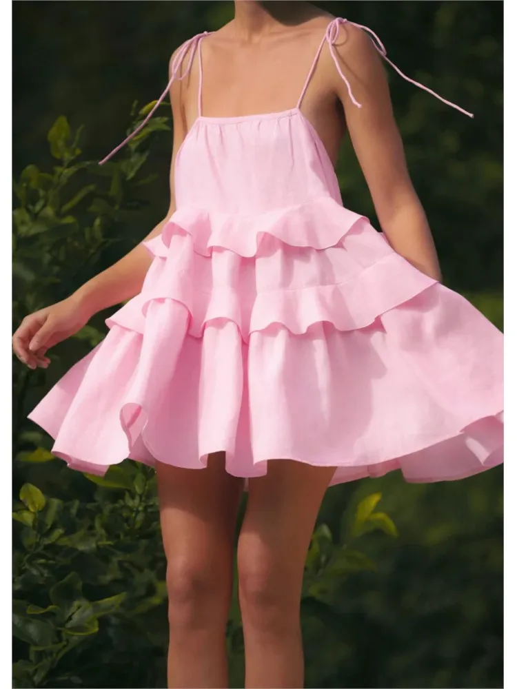 Elegante sexy effen jurk dame mode mouwloze spaghetti ruches losse mini-jurken voor vrouwen casual feestvakantie rok