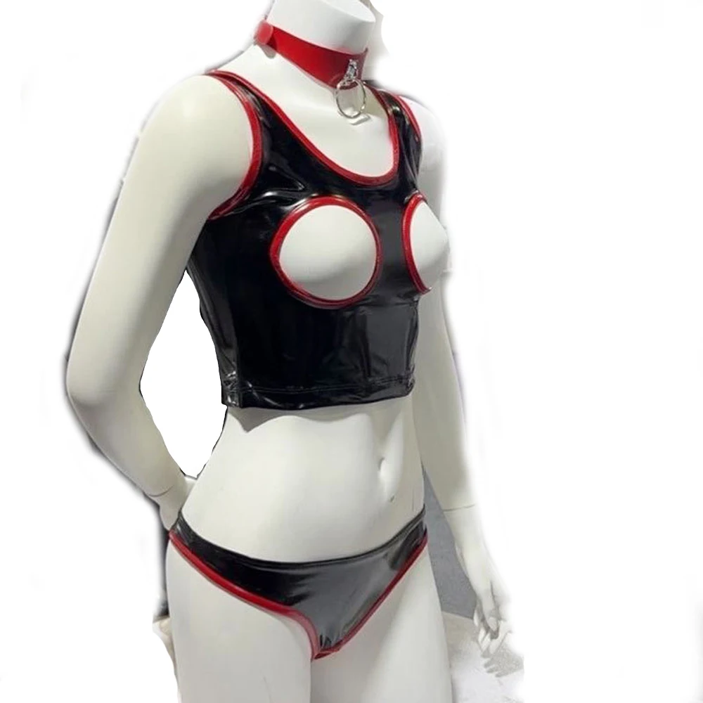 

Sexy Women Open Bust Hollow Out Thank Top Faux Leather Latex Pu Short Top Shiny Street Wear Club Dance Stage Maid Wear