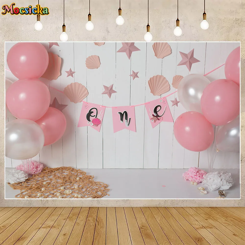 

Mocsicka Baby Photography Background Pink Balloon White Floor Girl 1st Birthday Cake Smash Party Decor Backdrops Photocall Props