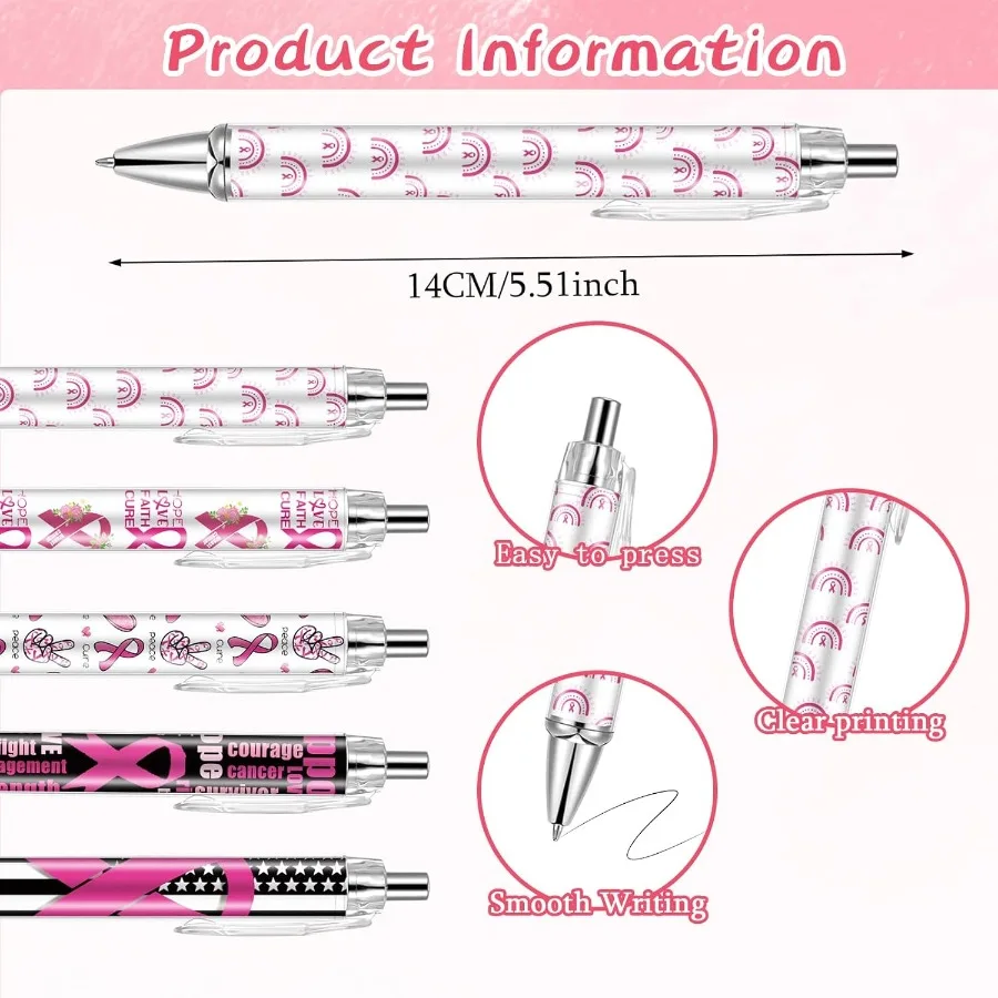 10 PCS Breast Cancer Awareness Ballpoint Pens Bulk Pink Ribbon Hope Faith Retractable Black Ink Pens Inspiring Messages Breast