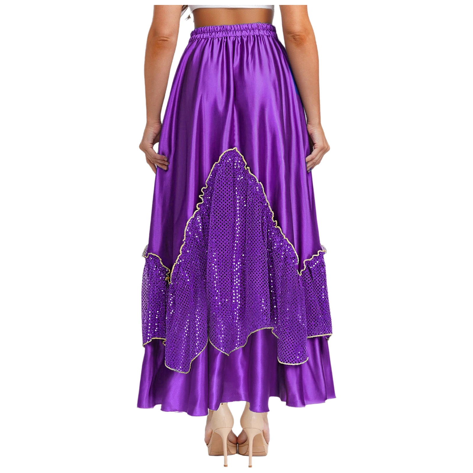 Women Flamenco Spanish Dance Skirts Ballroom Dancewear Shiny Sequin Patchwork Big Swing Skirt for Tango Lyrical Dance Costume
