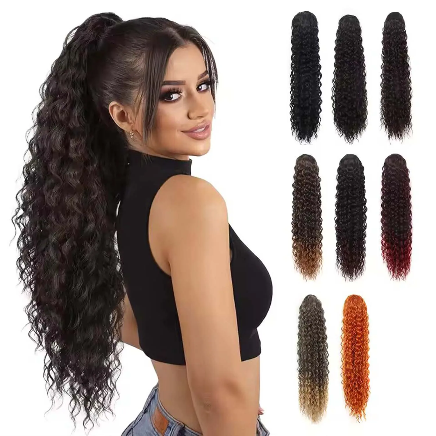 

Synthetic Curly Ponytail Extensions Synthetic Deep Wave Drawstring Ponytail With Clip in Thick Ponytail Hair Colorful Hairpiece