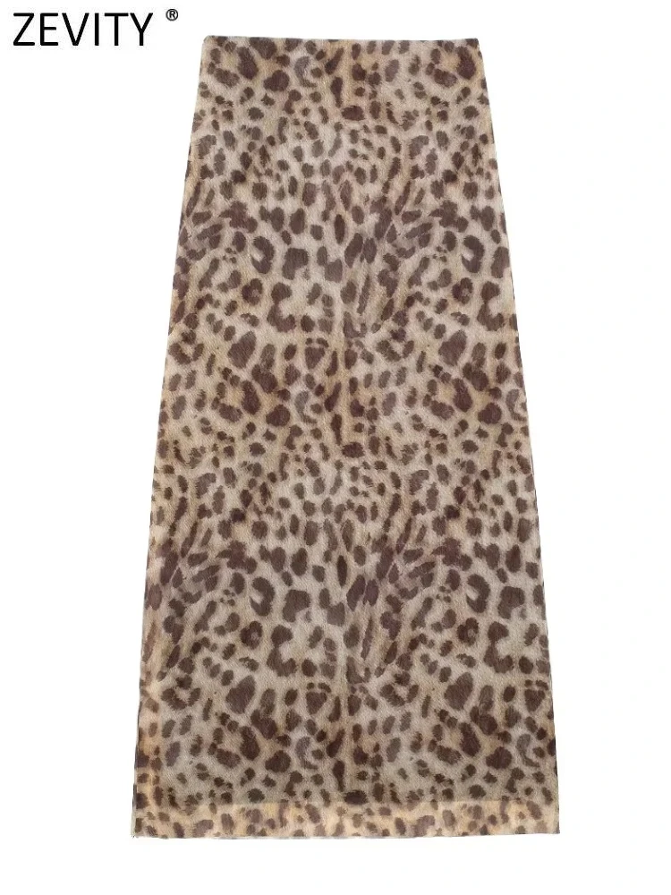 ZEVITY 2024 Women Fashion Leopard Print Hip Package Mesh Yarn Skirt High Waist Female Vintage Casual Midi Skirts Mujer QUN335 image 2