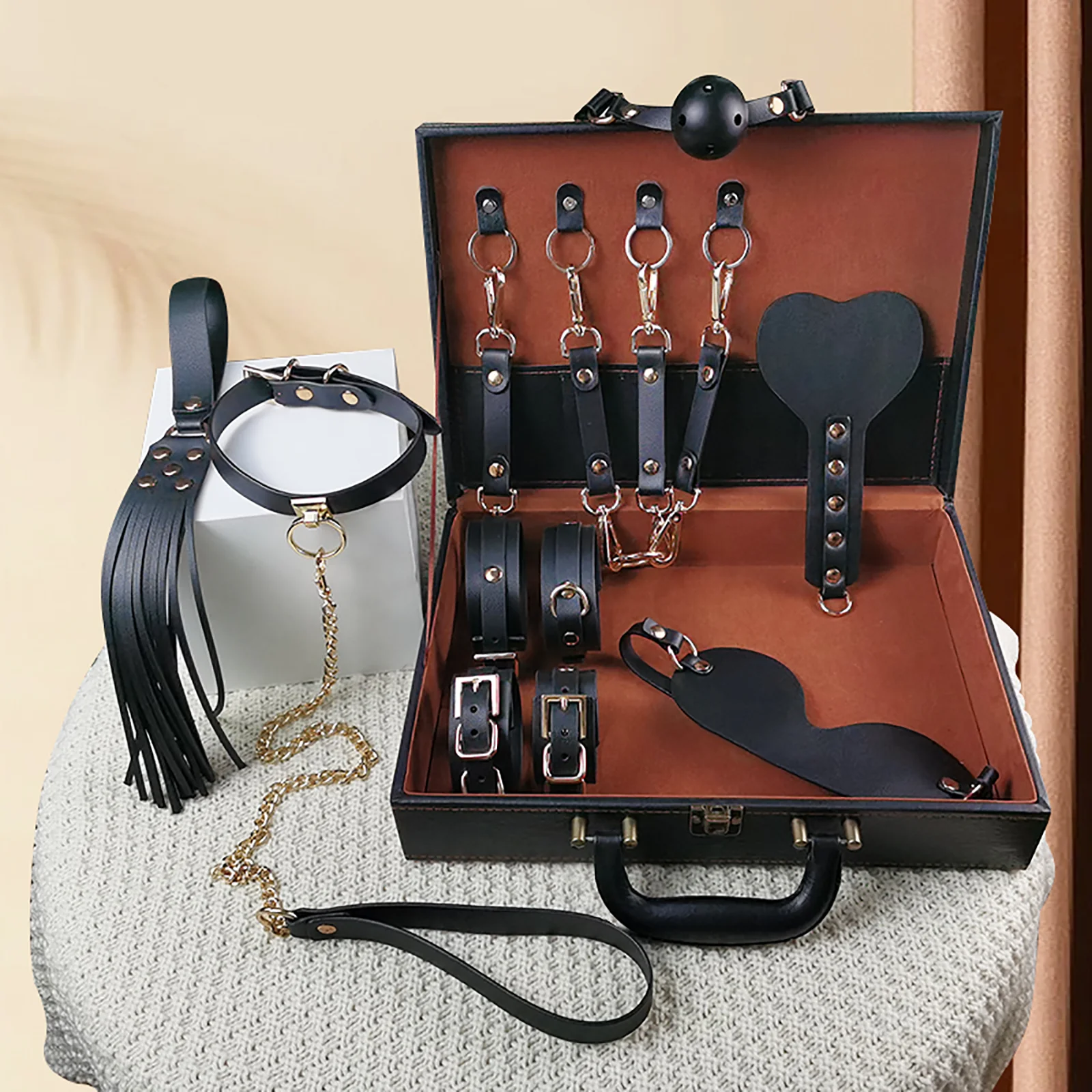 BDSM Erotic Restraint Toy Box Set 9-Piece Bondage Kit 18Adult Couples Blindfold Spanking Slave Roleplay Sex Game Portable Props