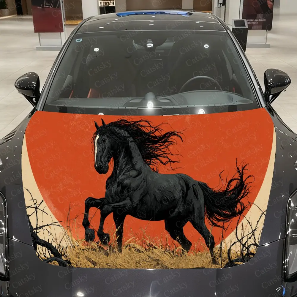 Golden Grass Pattern Galloping Horse Car Vinyl Wrap, PVC Waterproof Car Hood Sticker, Self-Adhesive Scratch-Resistant Stickers