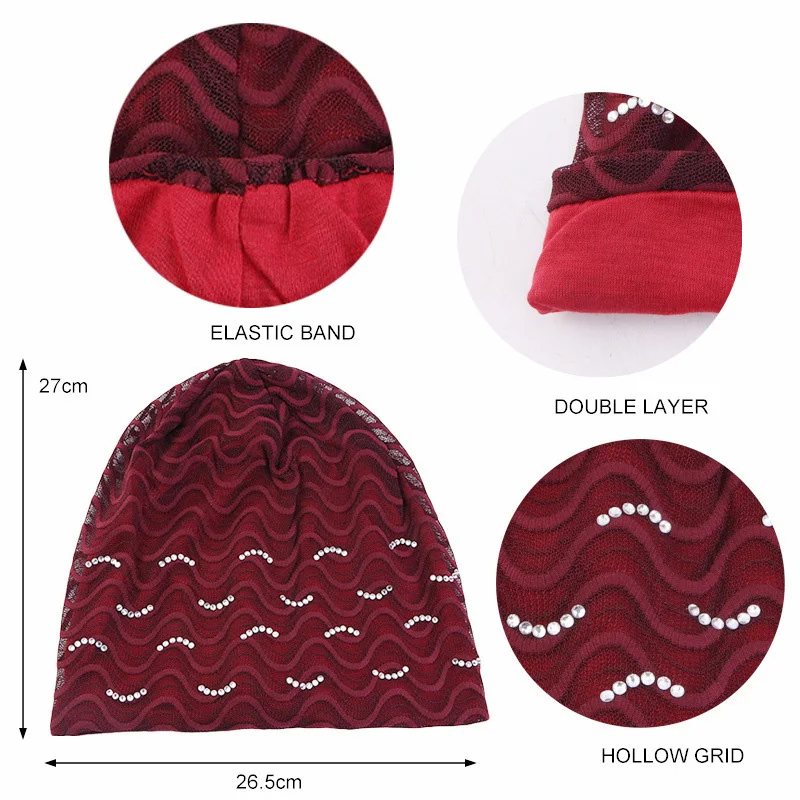 

Новые женские кружевные мешковатые шапки с бисером Skullies, повседневная хлопковая шапка-бини с напуском, мусульманский тюрбан, химиотерапевтические шапки, шарф, капот, хиджаб, платок
