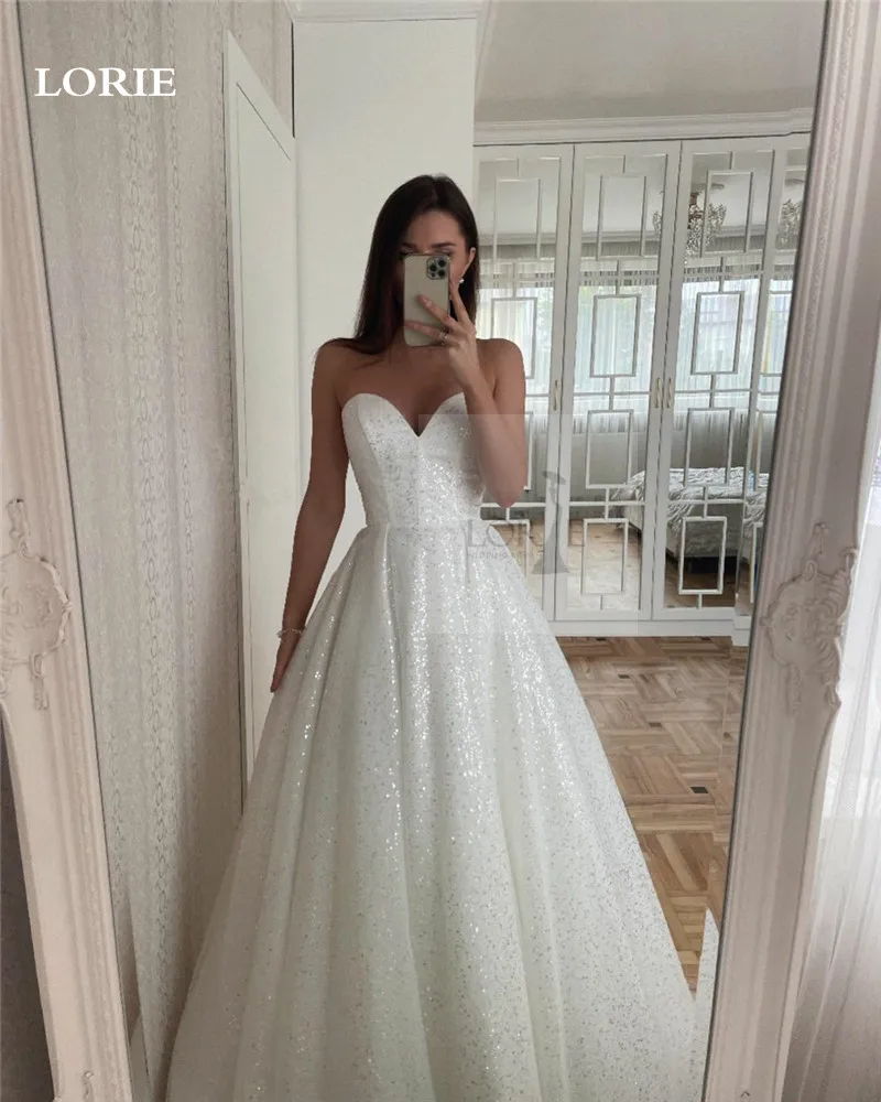 LORIE shiny Glitter Tulle Wedding Dress A Line Sweetheart Neck Bride Dresses Detachable Sleeve Wedding Gowns 2024 Customized