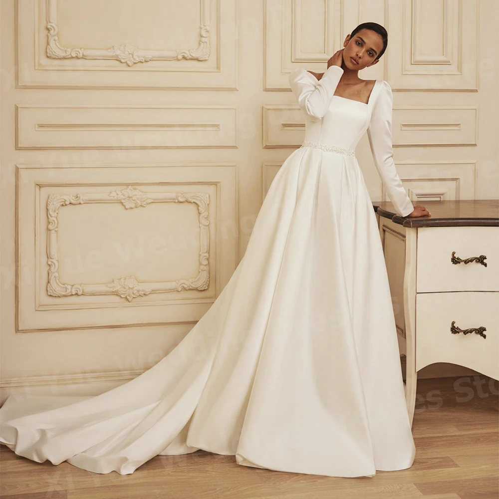 2025, einfache A-Linie-Hochzeitskleider für Damen, Applikationen, Spitze, Brautkleider, quadratischer Ausschnitt, lange Ärmel, maßgeschneidert, Satin, Vestidos de Novia
