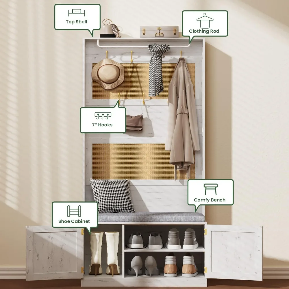 مقعد المدخل مع مساحة تخزين الأحذية، رف المعاطف، مقعد مبطن، 7 خطافات، رف قابل للتعديل - حل تخزين شجرة القاعة الواسعة 31.5 #2