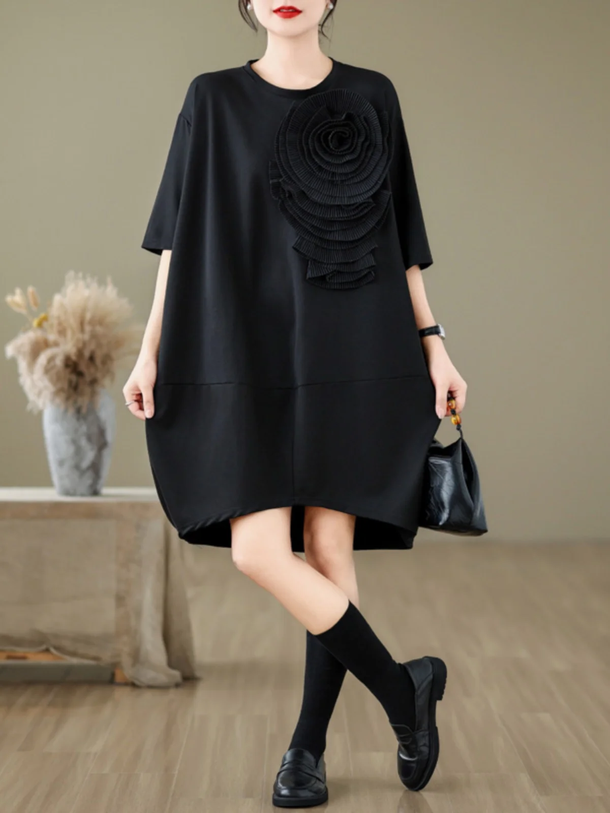 

Модная женская футболка-платье с цветочным 3D-принтом, круглым вырезом и коротким рукавом, больших размеров, средней длины, повседневная, летняя