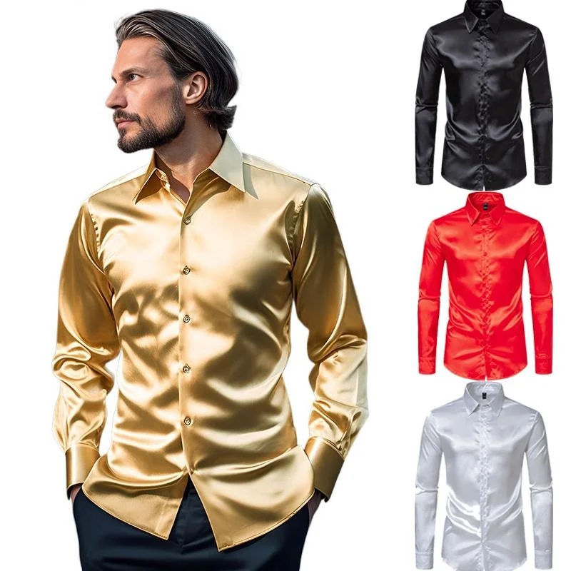 Camisa de seda de gasa para hombre, manga larga, un solo pecho, satén dorado, informal, ajustada, para fiesta, ropa Formal para hombre