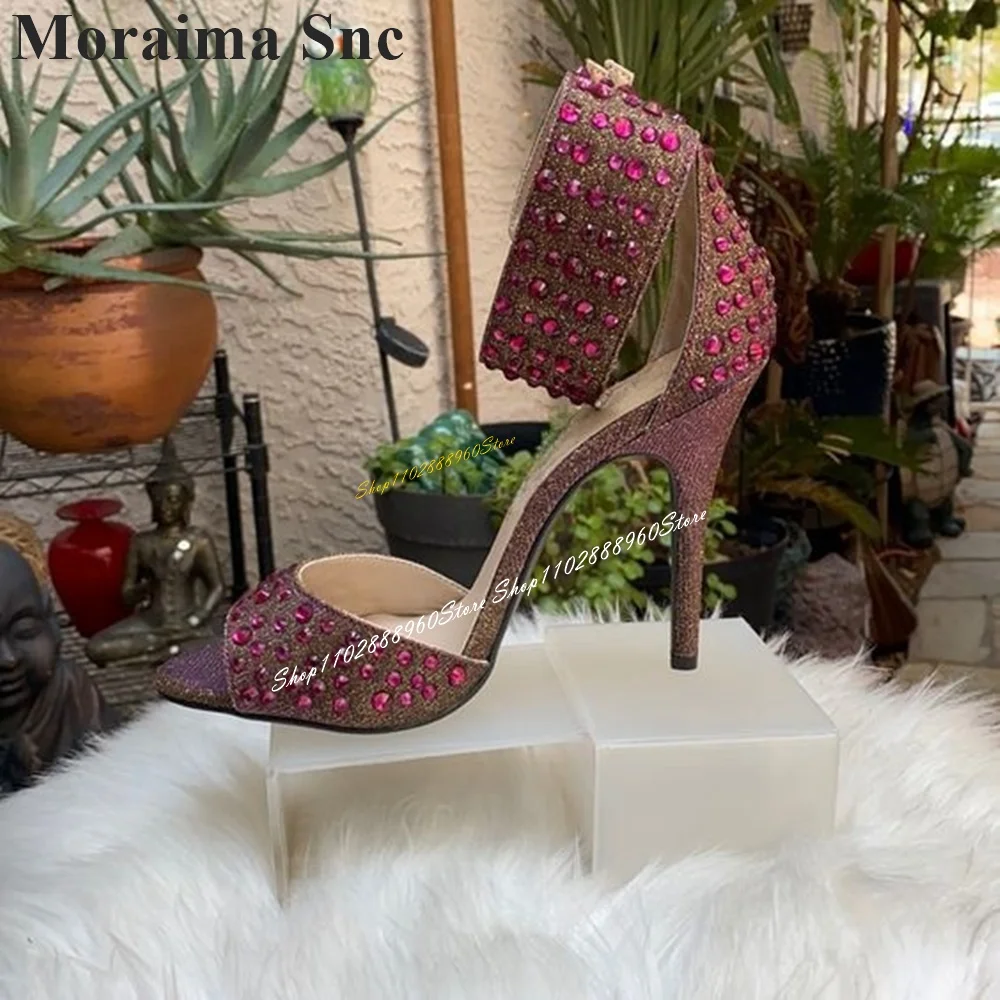 Sparkling Crystal Decoration Sandals Thin High Heel Women Shoes Ankle Buckle Strap Open Toe 2024 Fashionable Zapatos Para Mujere