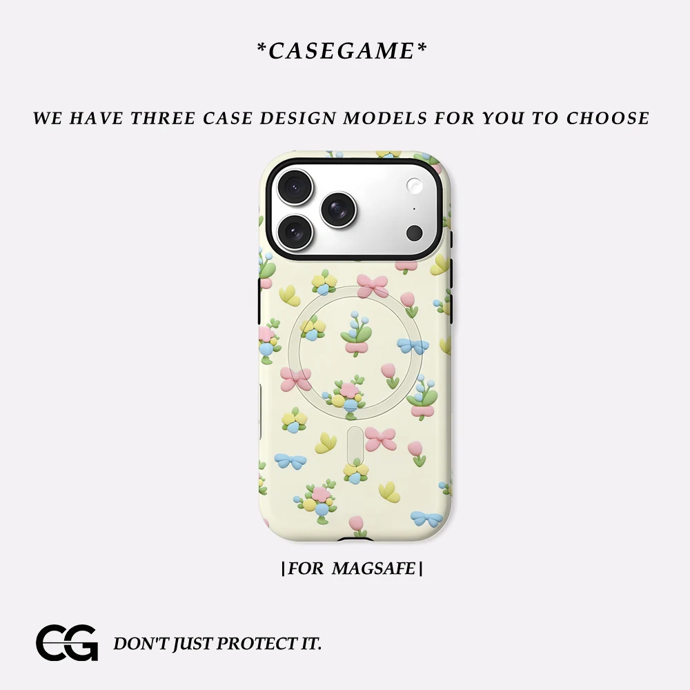 Casegame Matte Bumper for Magsafe Case for IPhone 17 16 15 14 Plus 13 Pro Max Shockproof Hard PC Cute Clay Floral Print Cover