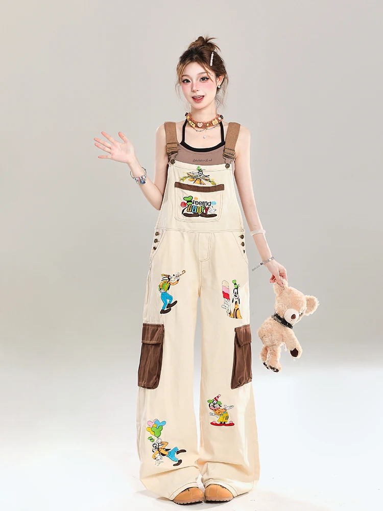 

Новые летние женские комбинезоны с вышивкой, мультяшный дизайн, американские свободные повседневные милые купальные костюмы, джинсовые джинсовые комбинезоны