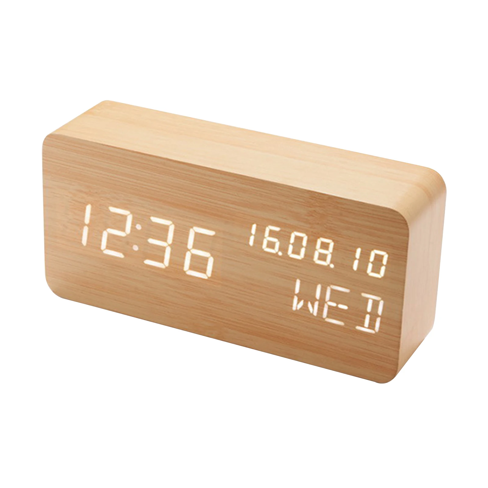 Desk Wooden Alarm Clock with Voice Control Date Temperature Adjustable 3 Brightness Display LED Digital Alarm Clocks for Bedroom