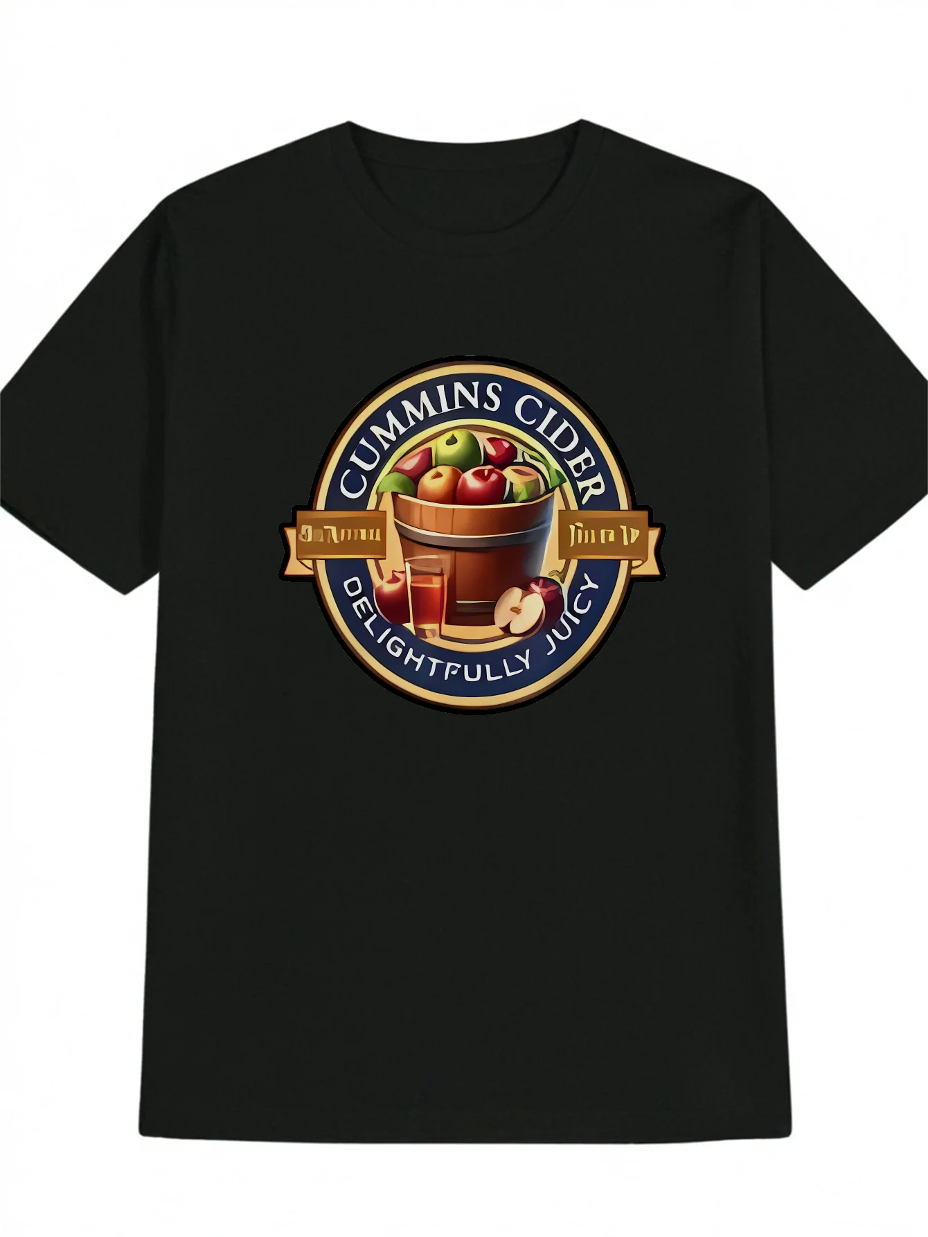 

Men's Casual Short Sleeve T-Shirt with Cider-Themed Graphic Print - Black Round Neck Summer Top, Breathable & Machine Washable