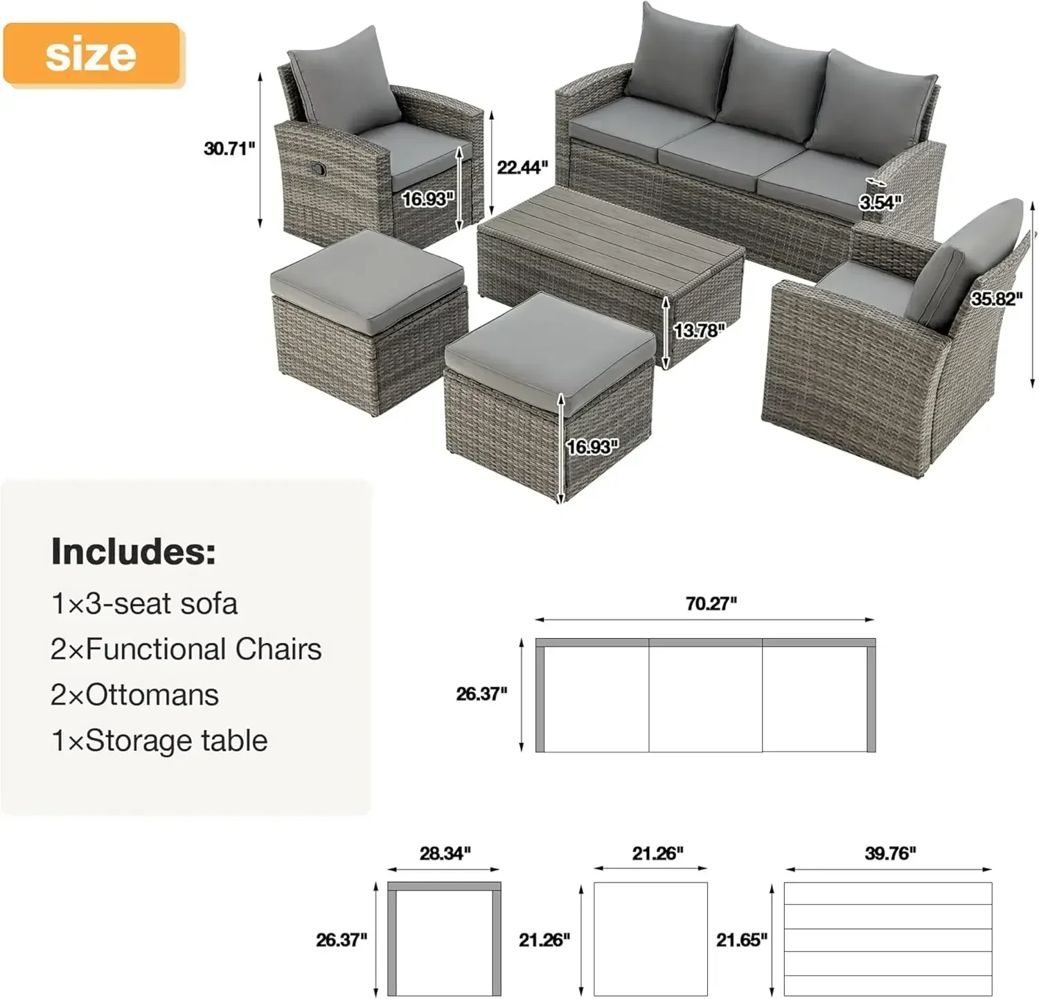 6 Piece Outdoor Patio Funiture Set,Outdoor Sectional Recliner Sofa Modern High Back Wicker Seating with 2 Ottomans, (Grey)