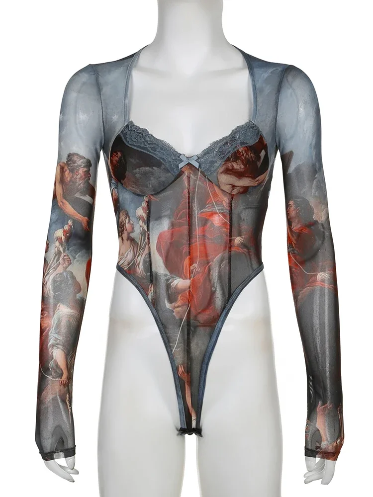 Rockmore خمر مطبوعة شبكة داخلية النساء مقوس دانتيل ساحة الرقبة عالية الخصر التفاف كم طويل ارتداءها عيد الهالوين عيد الميلاد