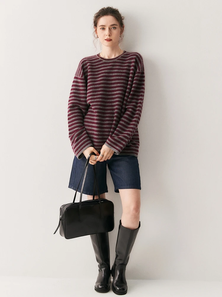 

Luxury Women 100% Cashmere Sweater O-neck Long Sleeve Pullover Striped Multicolor Cashmere Sweater Simple Style Knitwear Tops