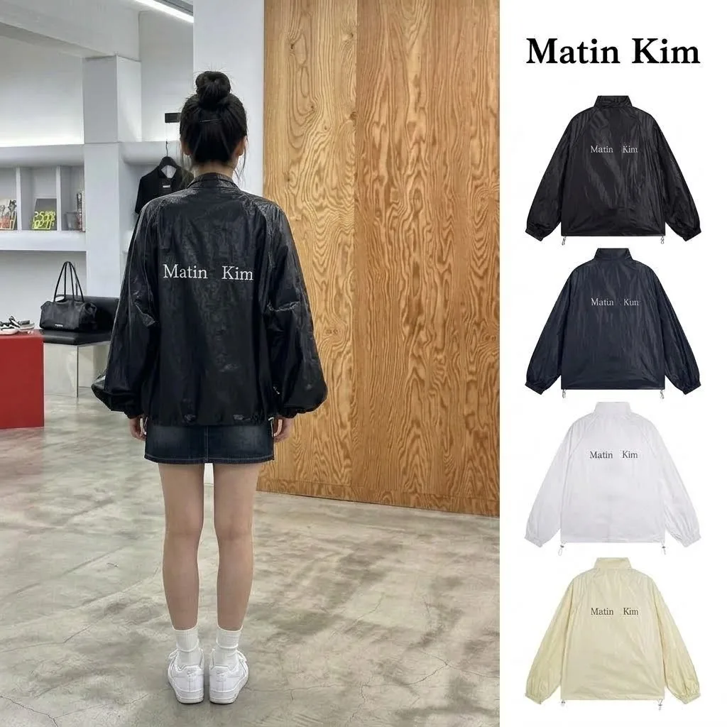 MATIN KIM Windbreaker Jacket Women Men Lightweight Stand Collar Zip Up Loose Coat Casual Streetwear Spring Fall Outerwear Top