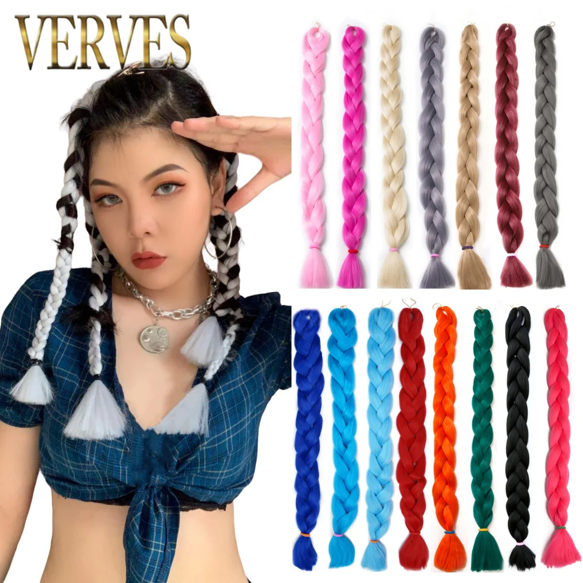 VERVES Braiding Long Hair Synthetic 100cm  Jumbo Braids 82 inch Box Braided DIY Extensions for Women Girl Brown Black Pink Blue