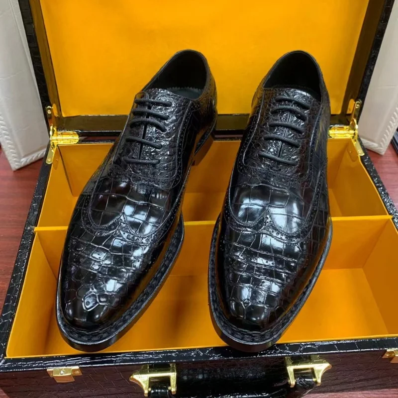 Authentic Real Crocodile Skin Hand Stitched Businessmen Dress Oxfords Genuine Alligator Leather Male Lace-up Brogue Dress Shoes