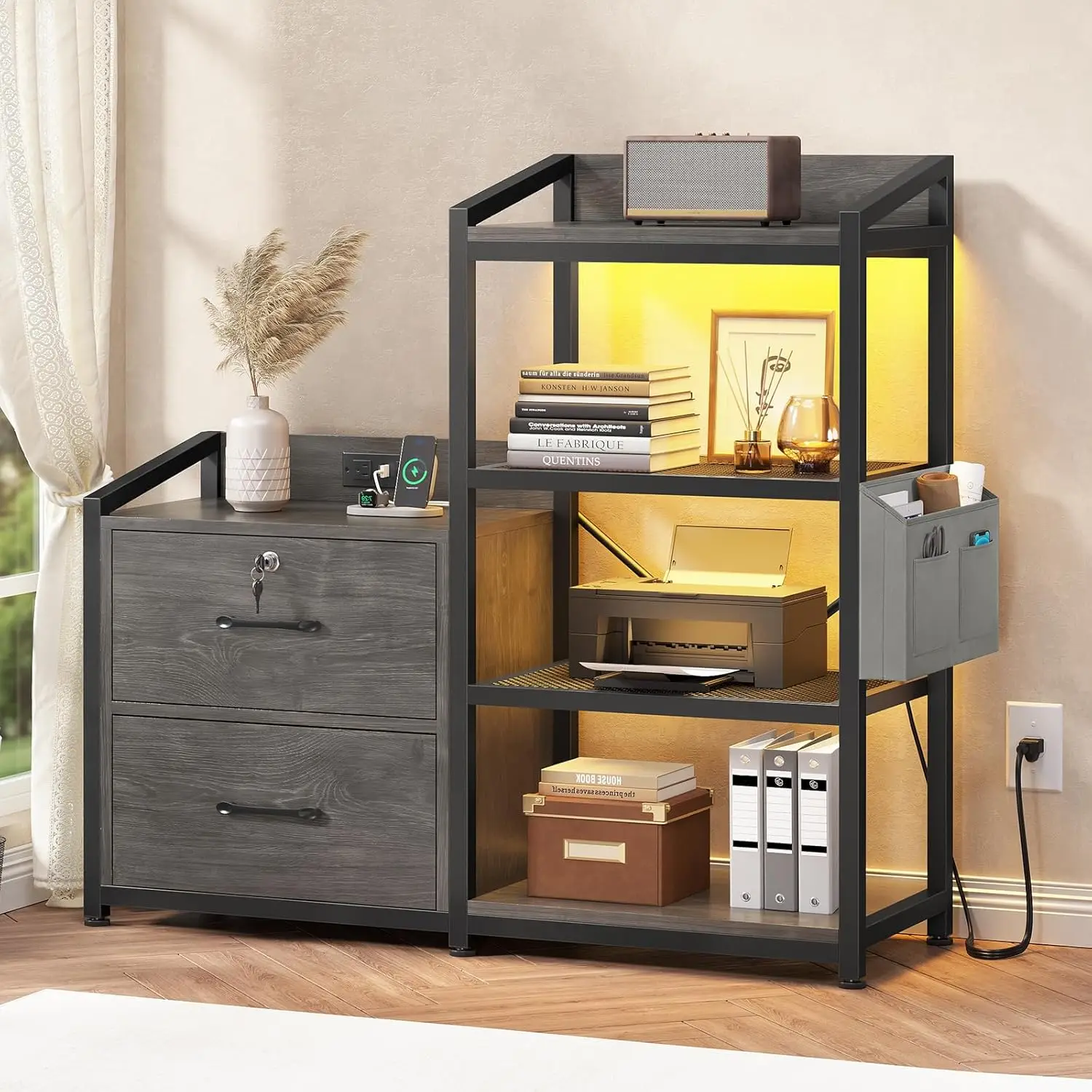 2-Drawer File Cabinet, Letter Legal A4, Lock, Power Strip, LED Lights, Grey