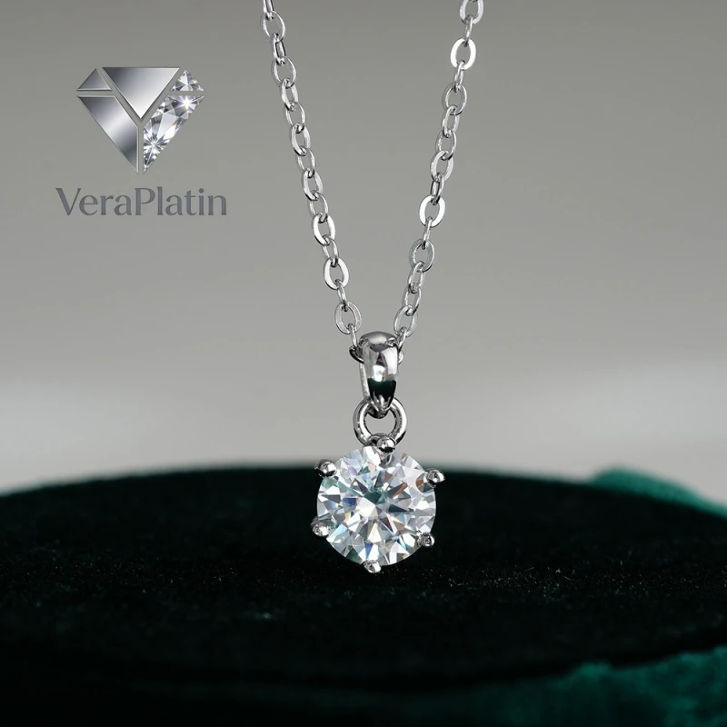 

VeraPlatin Women Wedding 18K White Gold Valentine's Day Necklaces 1/2/3CT Moissanite Diamond Girl PT950 Six-Prong Pendant Birthd