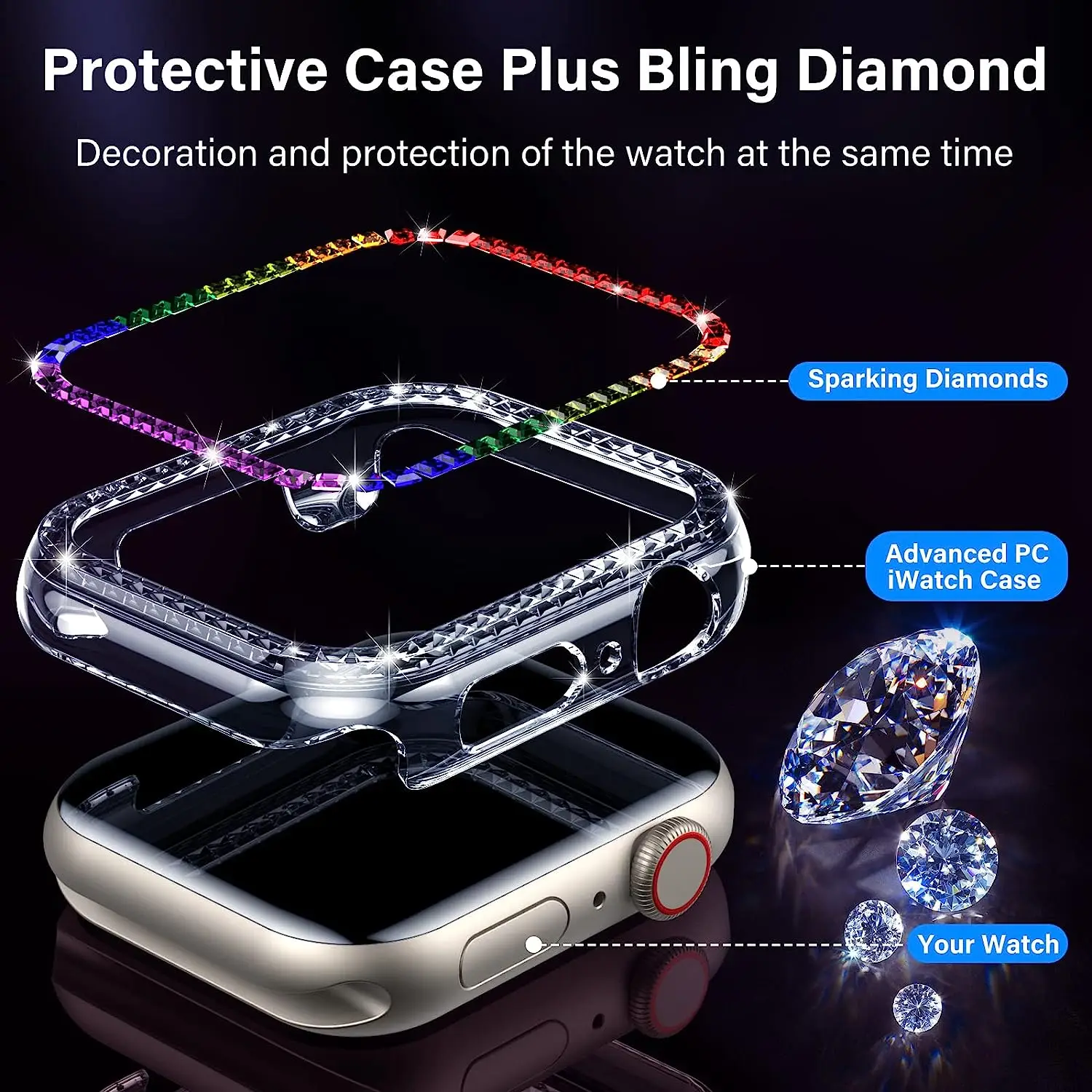 Diamond Cover For Apple watch Case 45mm 41mm 44mm 40mm 42mm 38mm Bumper Screen Protector iWatch series 8 7 SE 6 8 5 4 3 2 women