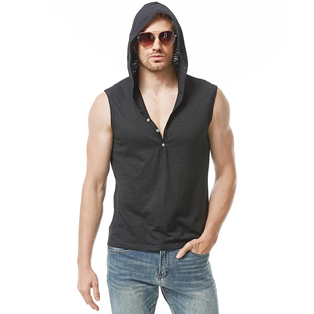 Men Cotton Tank Tops Tees Sleeveless T-shirt Fitness Gym High Elastic Hooded Vest Casual Fashion Baggy T Shirt Male Summer