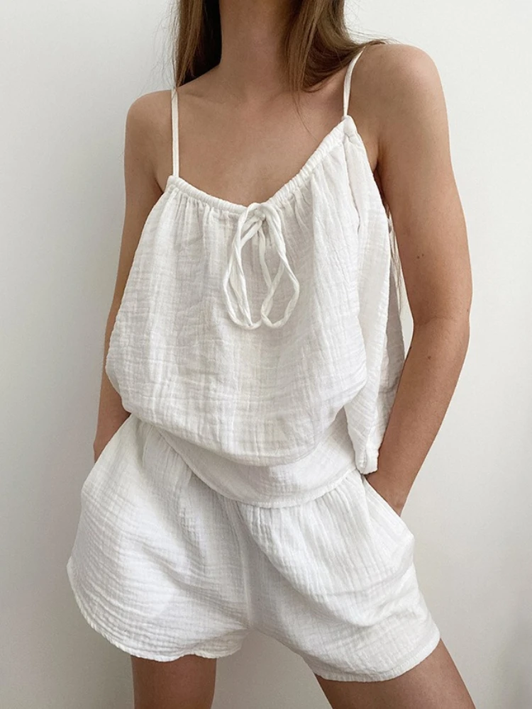 

Summer New Cotton Women'S Sleepwear 2 Piece Set Sexy Spaghetti Strap Pajamas Lace Up Nightwear Shorts Causal Ladies Home Clothes