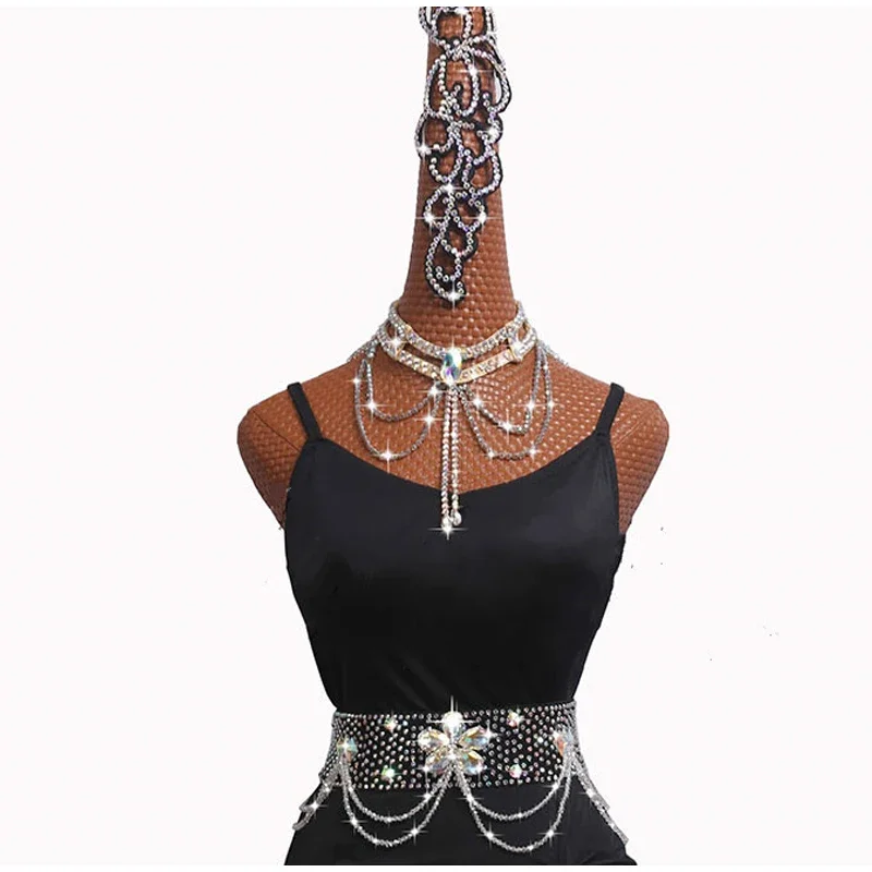 Vestido de dança latina com strass cintilante para mulheres, fantasias femininas de palco com borla, salsa rumba, samba, salsa, roupas femininas fitness, preto