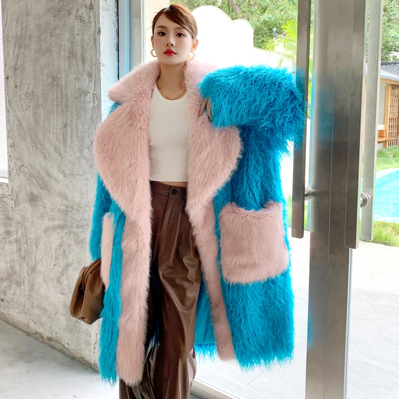 Original Design Blue Faux Fur Coat Female Fashion Baggy Lapel Long Jacket Lady Shaggy Outerwear Women's Winter Coats Promotion