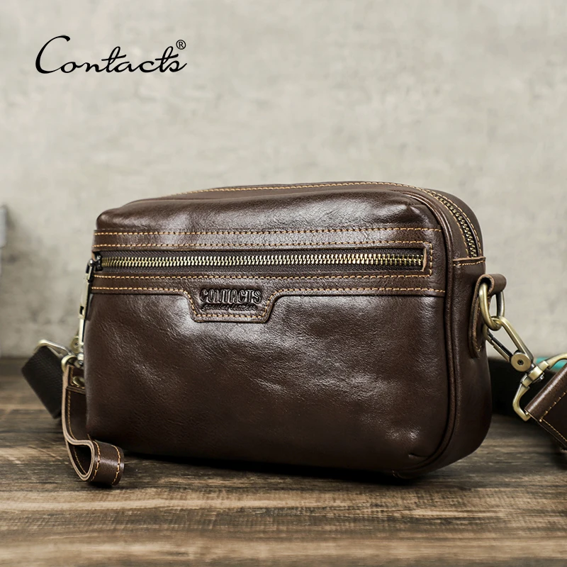 CONTACT\'S Genuine Leather Shoulder Bag for Men Designer Brand Crossbody Bag Vintage Small Messenger Travel Bags Handbag Quality