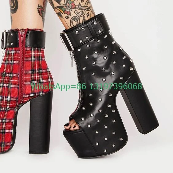 Lady studed toe punk style ankle boots vintage red plaid design zipp gothic platform boots peep toe buckle strap boots size 3546