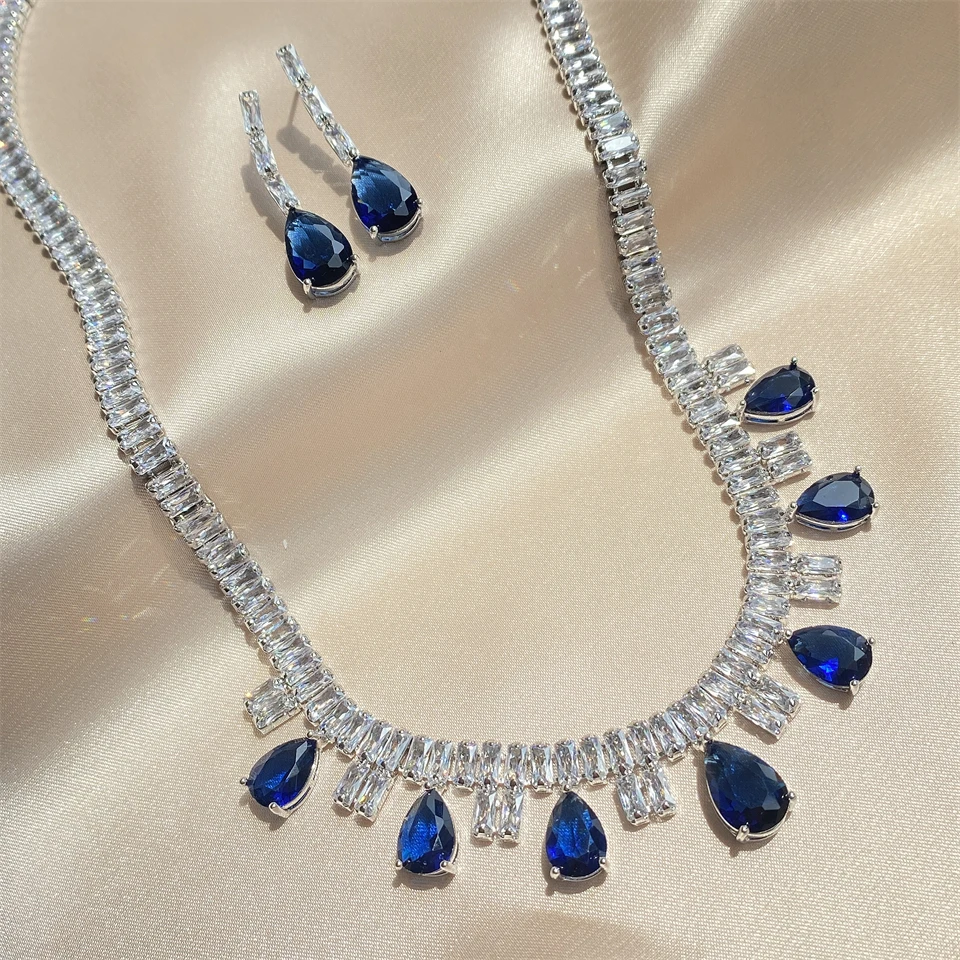 ZAKOL Funkelndes AAA-Kubikzirkonia-Set mit großen Wassertropfen-Ohrringen und Halskette, luxuriöser Brautschmuck für Hochzeiten und Partys – Detail 7