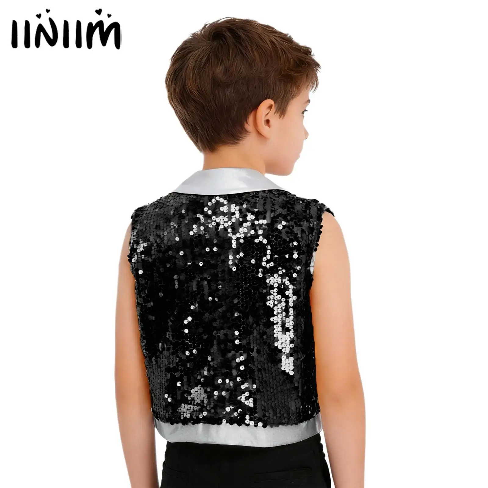 

Детский жилет для мальчиков с блестящими пайетками для дискотек, хип-хопа, джазовых танцев, выступлений, укороченный топ, костюм с открытым передом, бахромой и заклепками
