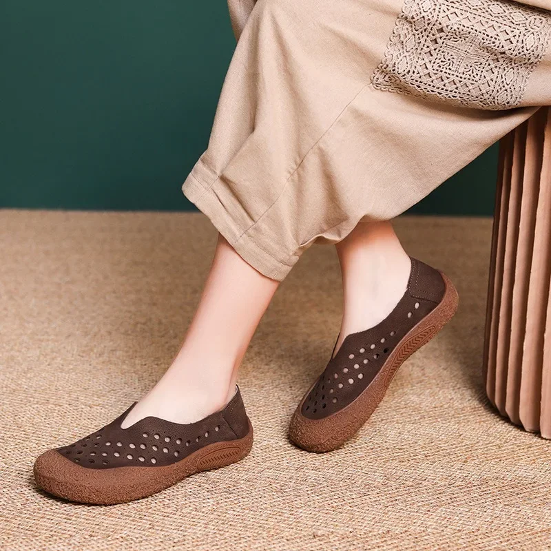 

Birkuir Retro Soft Soles Hollow Out Slip On Shoes For Women Loafers Slip On Flats Closed Toe Sandals Genuine Leather Boat Shoes