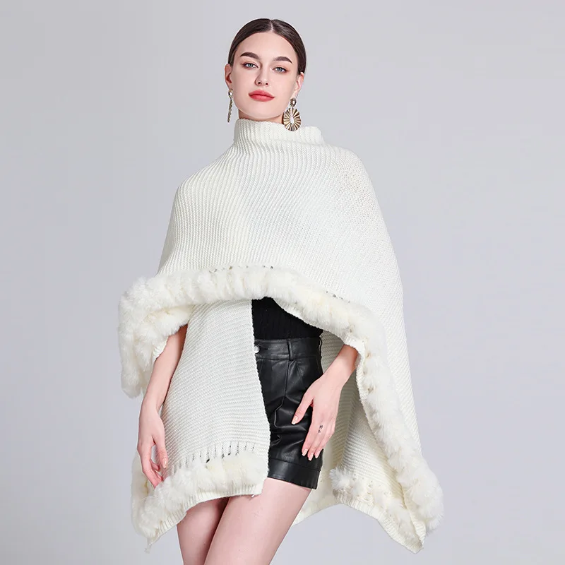 

3 Color Winter Knitted Thick Warm Poncho Shawl Cappa String Faux Fur Cloak Loose Batwing Sleeves Hollow Out Streetwear Long Coat