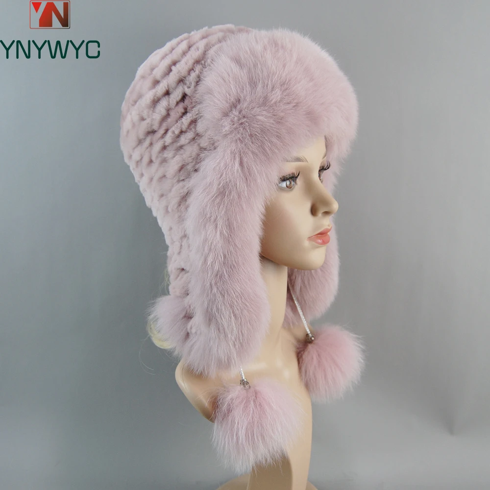 Women's Beanies Hat with Ear Protector Winter Hats for Women Real Rex Rabbit Fur Elastic Knitted Cap With Fox Fur Fall Bonnets