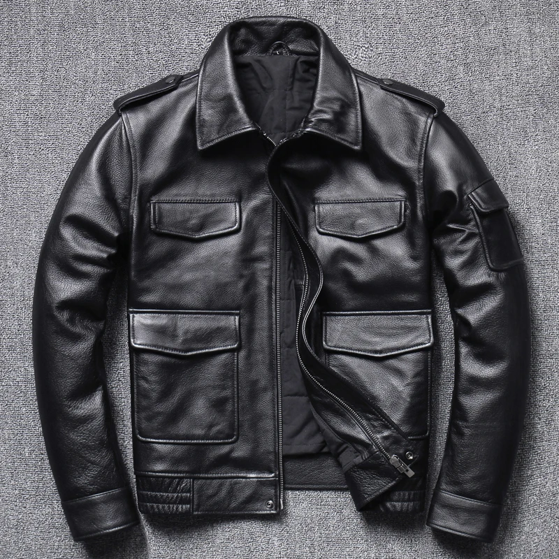 Winter top layer cowhide leather jacket men's multi pocket version lapel trendy motorcycle cool thick short leather coat