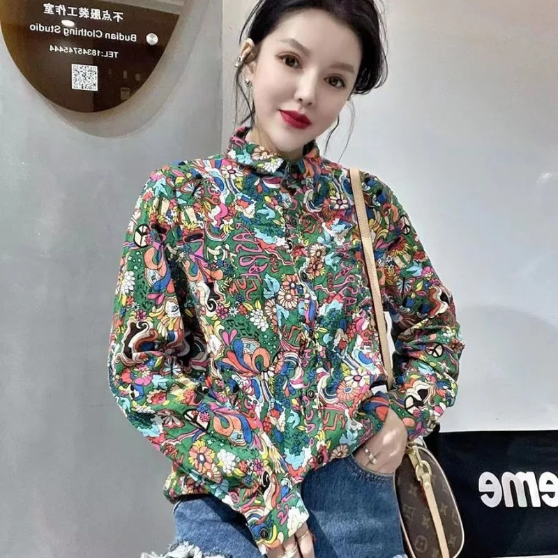 Women\'s Vintage Floral Printed Harajuku Shirt Fashion Lapel Long Sleeve Loose Blouse Spring Autumn Casual Chic Tops Blusas Mujer