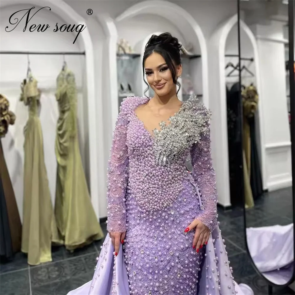 Elegant Purple Pearls Evening Dresses Overskirt Dubai Long Sleeves Beading Cocktail Prom Dress Wedding Party Gowns Customized