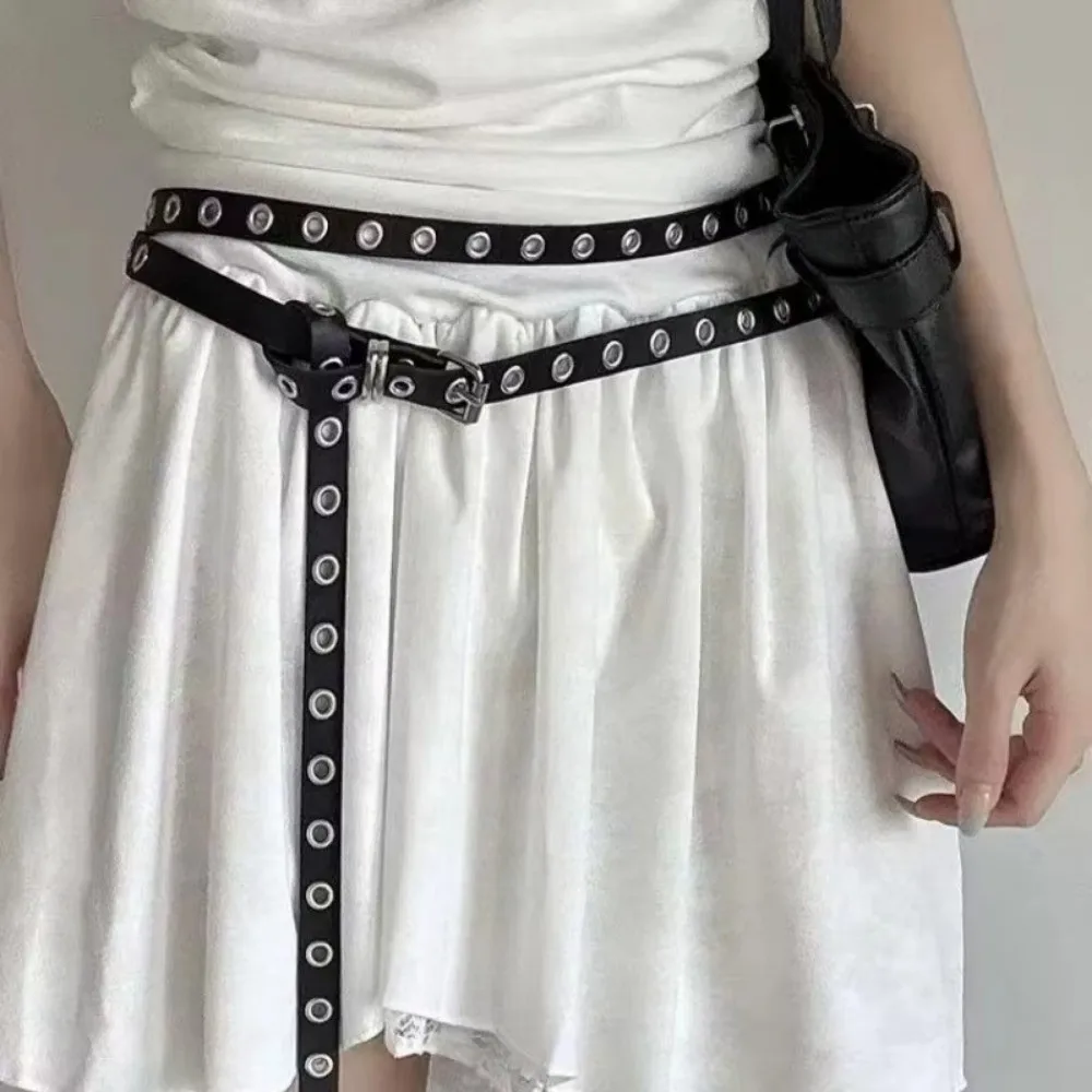 

Adjustable Double Loop Thin Belt PU Leather High Quality Waist Chain Double Layer Rivet Eyelet Buckle Belts Dress Accessories