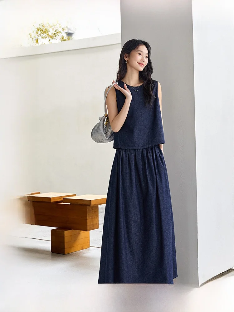 

Fashionable Casual Sleeveless Denim Skirt Set High Waist Dress Two Piece Women's Clothing Summer Season round Neck