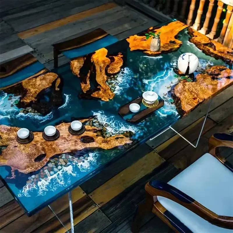 

Epoxy resin river table top board ocean tea wave big dining solid wood log net black coffee