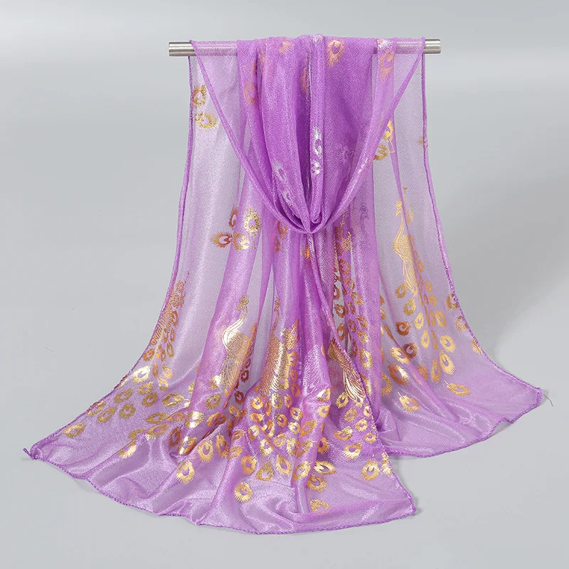 

Spring Summer New Fashion Polyester Silk Gold Printing Peacock Pattern Scarf Beach Towel Women's Companion Gift